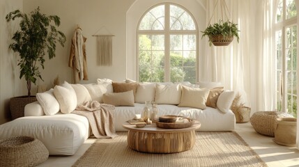 Sunlit living room with beige sectional sofa, wooden coffee table, and plants.