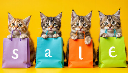 Funny cats holding shopping bags with the word 'Sale' on yellow background. Sale, shopping and pet concept. For Black Friday, 11.11. Studio shot for poster, advertising, design 