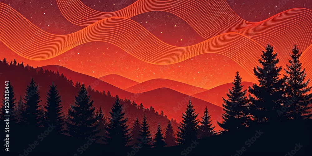 Aufkleber a mountain range with a red sky and trees