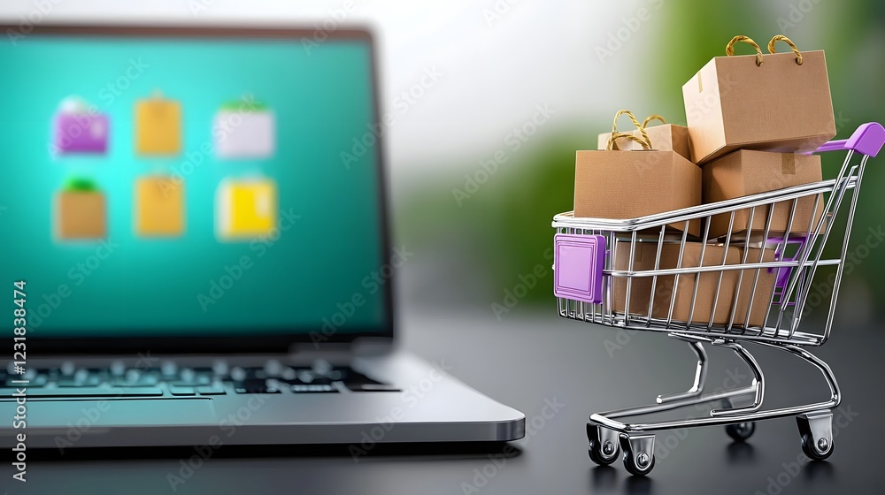 Poster cyber inspired digital shopping experience featuring a shopping cart loaded with packages next to a 
