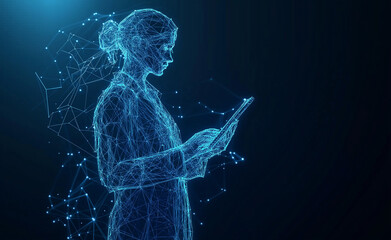 Abstract blue glowing low-poly wireframe human doctor.