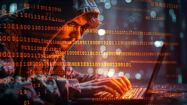 cybersecurity threat: hooded hacker typing code in dimly lit technological environment