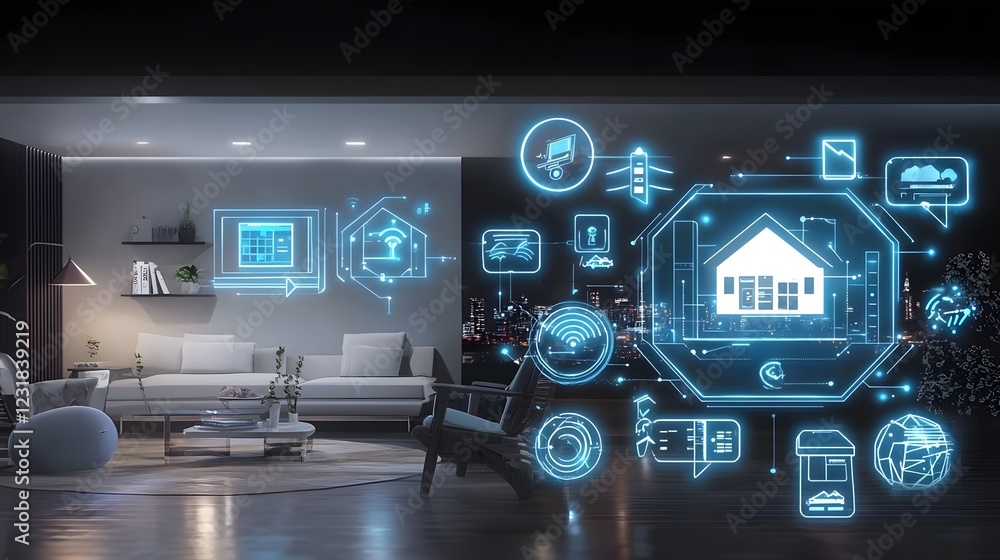 Poster Cyber inspired smart living space with an intelligent AI driven holographic user interface displaying personalized shopping recommendations and a futuristic automated home experience