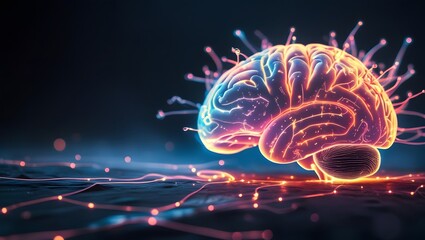 Fototapeta premium Glowing, stylized brain with neural connections, surrounded by abstract network lines and points on a dark background, representing technology, science, or artificial intelligence.