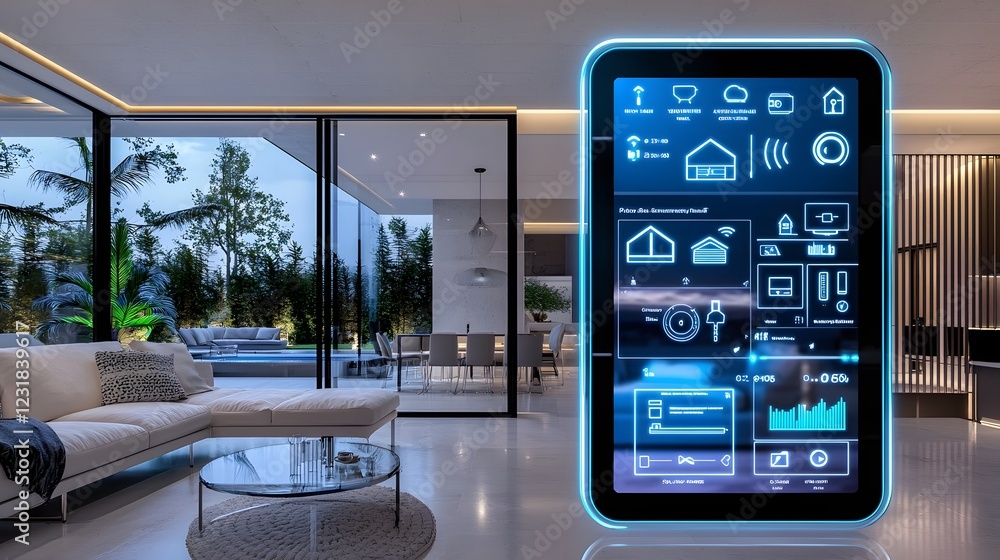 Fototapete Futuristic smart home interface with holographic dashboard displaying home automation controls security system and climate settings integrated into a stylish and modern living space environment