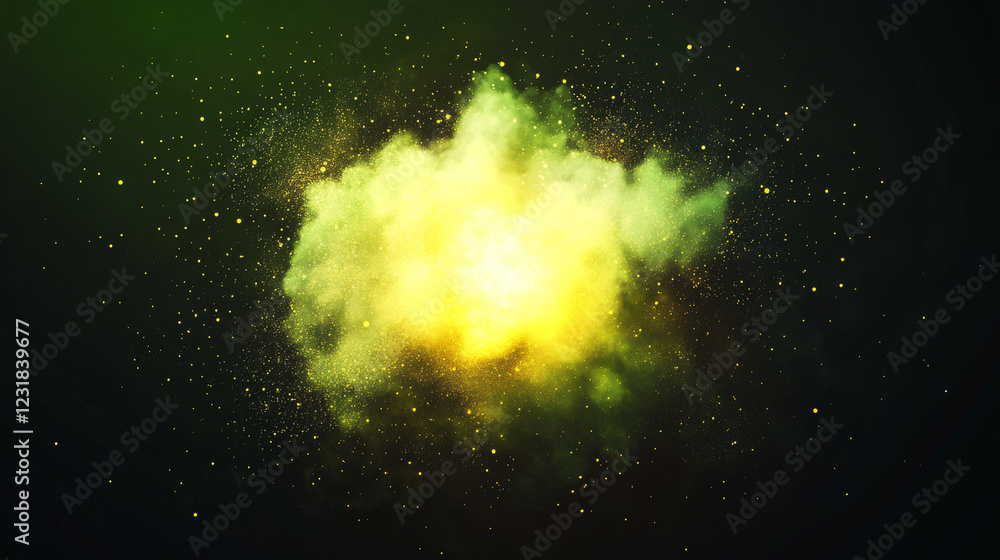Poster explosion effect with sparks, green light and smoke. bomb explode with yellow glowing center and fly