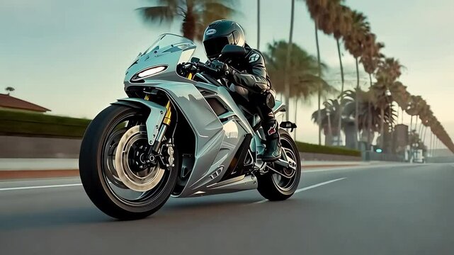 Thrilling motorcycle ride through scenic palm-lined roads captured in dynamic stock footage