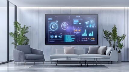 Minimalist yet futuristic living room featuring a digital smart home control panel with touch interface displaying connected home automation devices and ambient lighting