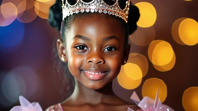 Sparkling princess: young girl in elegant tiara and dress with glowing bokeh background