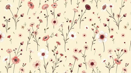 A rustic seamless pattern showcasing hand-drawn wildflowers, rendered in a vintage style, with soft pastel colors and a slightly blurred effect to evoke a nostalgic feel, utilizing a s.