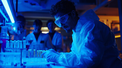 A scientist in protective gear is working on research at the lab table.