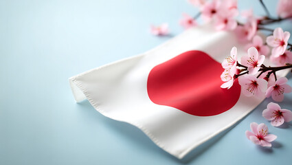 Cherry Blossom Branch with Folded Japanese Flag and Gradient Space for Text
