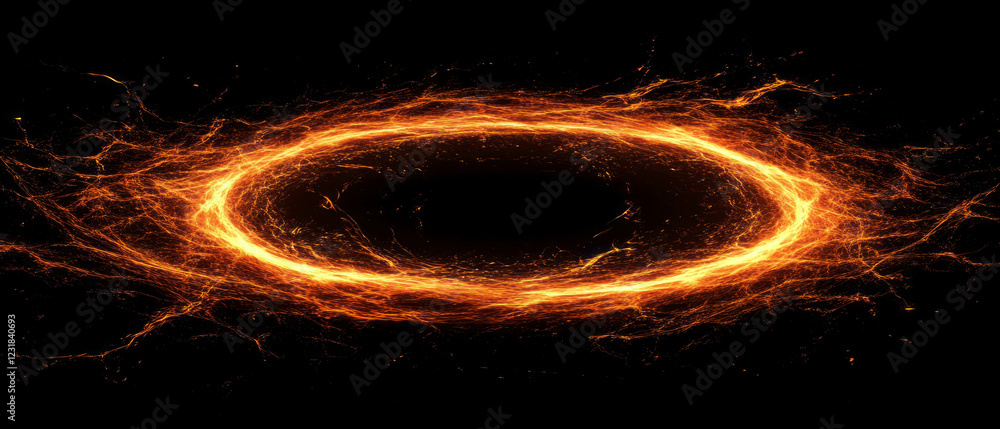 Poster dense fiery sparks create a burning effect on a dark background with empty central space