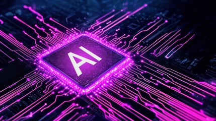 Glowing chip with AI letters surrounded by circuit lines, illustrating AI powered automated writing, content creation, and digital content generation using smart technology