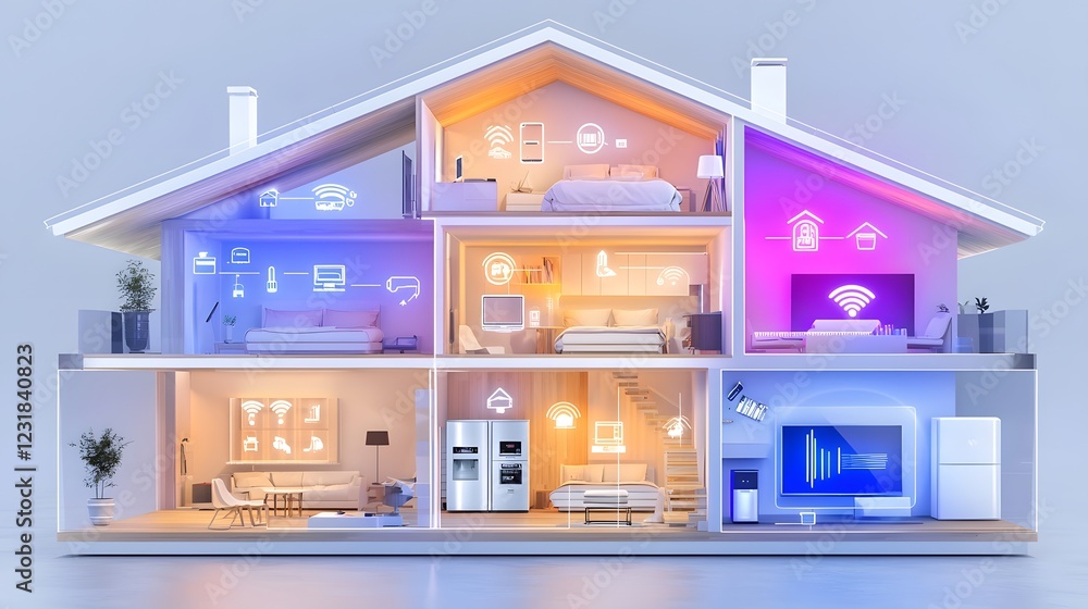Poster Detailed Visualization of an Advanced Smart Home with Transparent Cross Section Revealing the Interconnected Digital Appliances WiFi Controlled Automation Systems