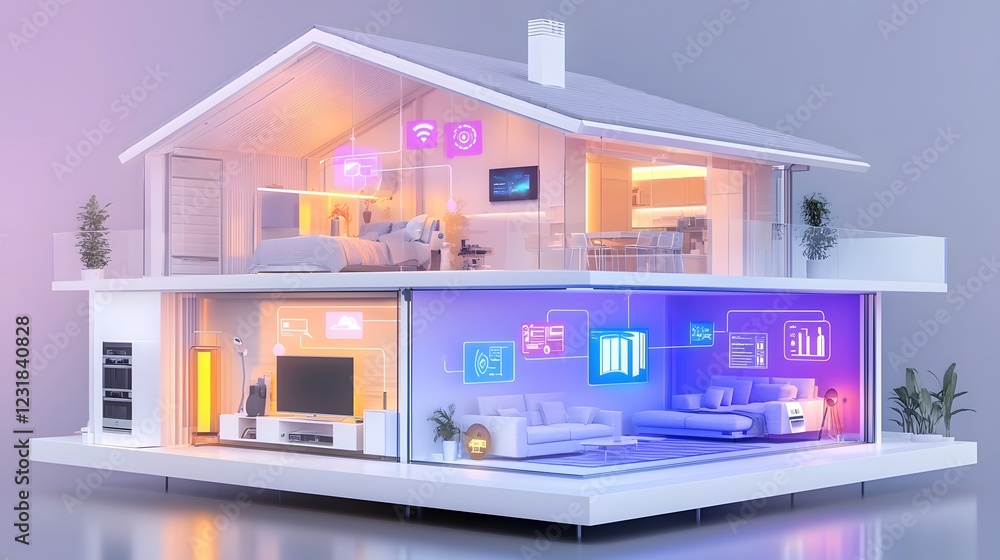 Poster Advanced Smart Home with Transparent Cross Section Revealing Interconnected Digital Appliances WiFi Controlled Automation and Glowing Icons Representing Home Security Climate Control and Entertainment