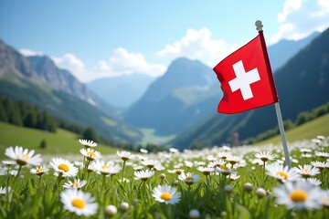 Edelweiss Field with Swiss Flag in Alpine Meadow and Majestic Mountain Backdrop
