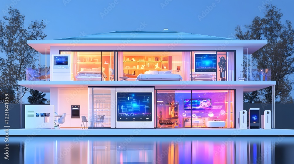 Poster Cutaway view of a high tech smart home showcasing various connected appliances intelligent security systems real time climate control and glowing WiFi network hubs