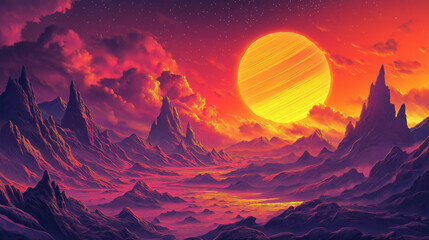 An extremely detailed alien landscape with mountains, rocky terrain.