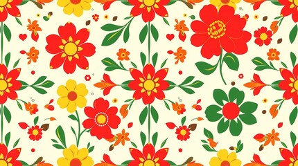 A seamless pattern featuring a retro-style floral design, showcasing bold, saturated colors like ruby red, sunflower yellow and emerald green, in a 1960s style, exhibiting a vintage ae.