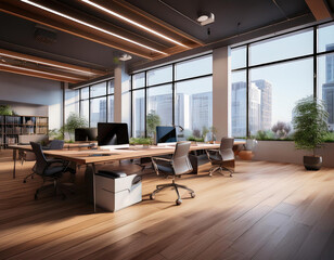 Modern office loft interior with open space design and minimalist furniture concept
