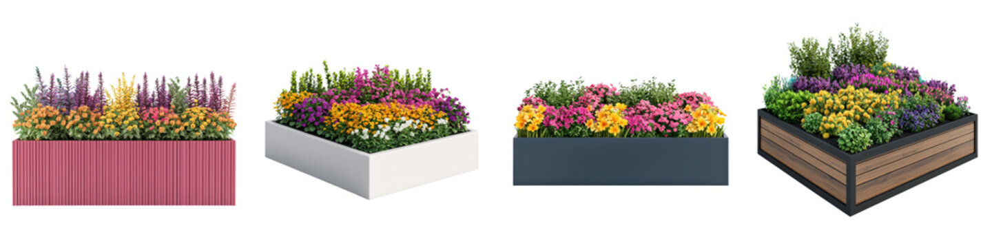 Fototapeta This image showcases a collection of vibrant  lush flower beds and planters in diverse shapes  sizes  and materials  creating a visually stunning and harmonious outdoor garden setting
