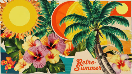 Retro summer collage featuring vibrant suns, tropical palms, and floral elements in vintage cut and paste style. artwork evokes nostalgic and lively summer vibe