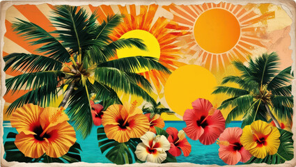 Tropical collage featuring vibrant suns, palm trees, and colorful hibiscus flowers in vintage style