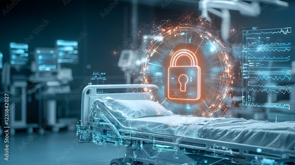 Fototapete Neon Glowing Digital Lock Floating Over High Tech Hospital Bed Symbolizing Advanced Cybersecurity Visualization and Protected Health Information in Futuristic Healthcare Setting