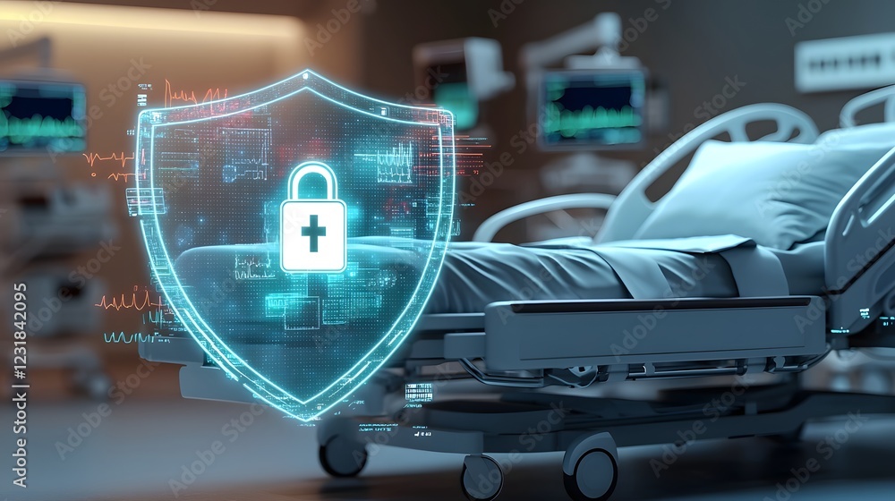Poster cybersecurity themed hospital room featuring a locked digital shield symbol floating above a modern 