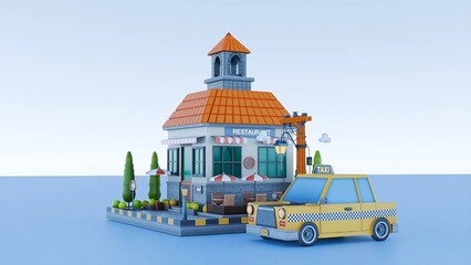 Naklejka premium Toy taxi, a small house, and a background near a clean sea