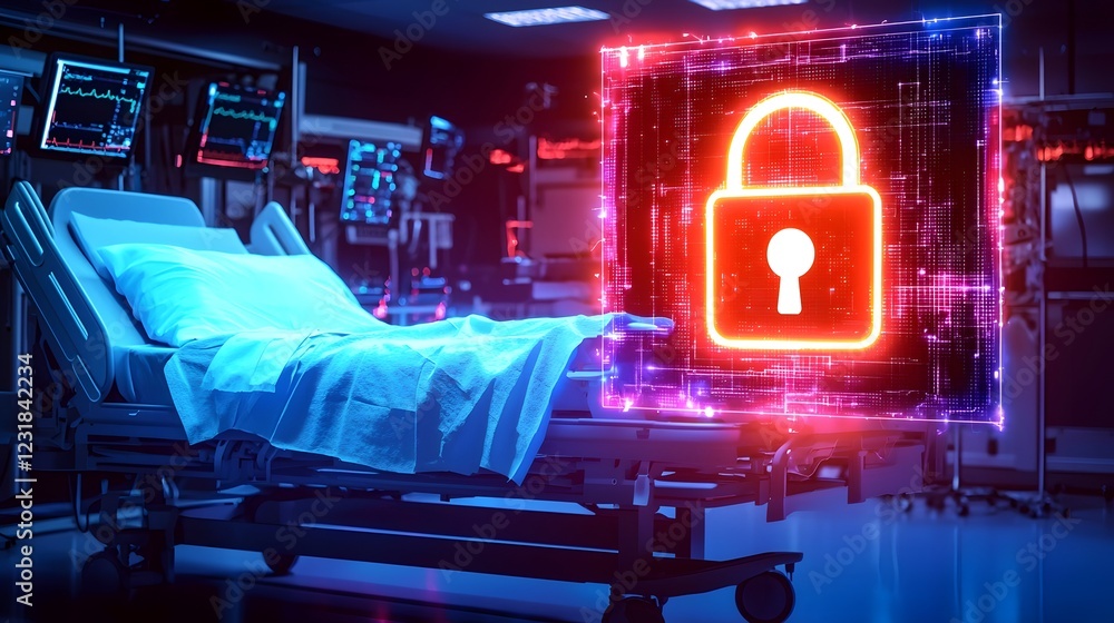 Aufkleber futuristic hospital bed with a glowing digital lock symbol floating above representing secure medica
