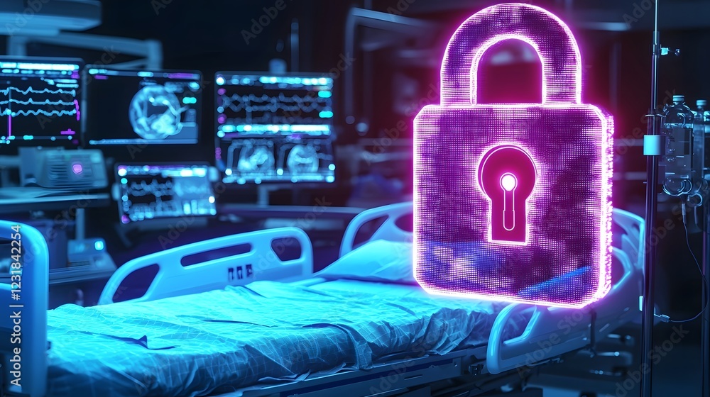 Poster futuristic hospital bed equipped with a glowing digital lock symbol floating above representing secu