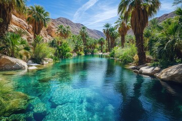 A remote desert oasis with palm trees and a clear blue pool of water, the lush greenery a stark contrast to the surrounding arid landscape.