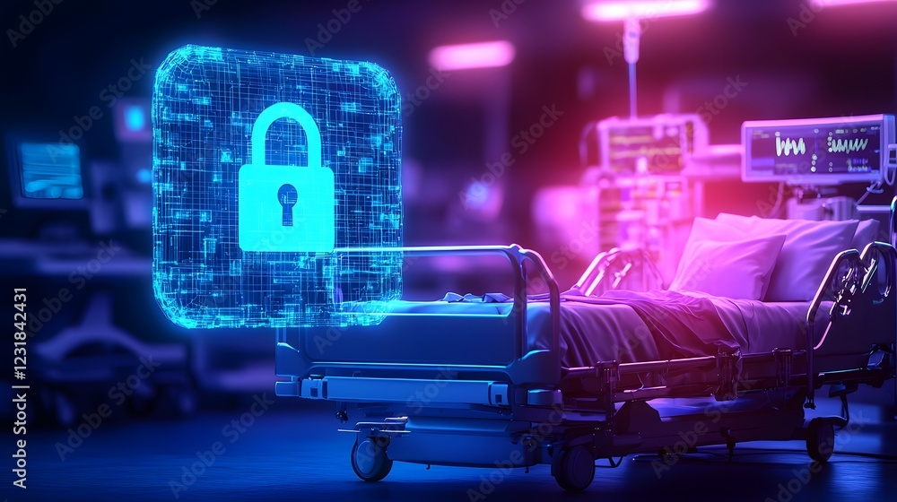 Poster futuristic smart hospital with ai driven digital lock hologram floating above hospital bed protectin