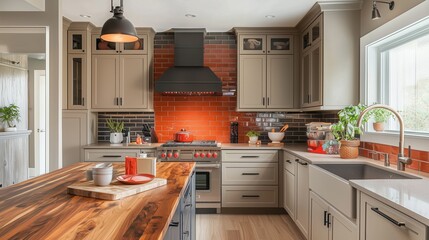 Contemporary kitchen with rich earth tones and modern design elements in a cozy setting