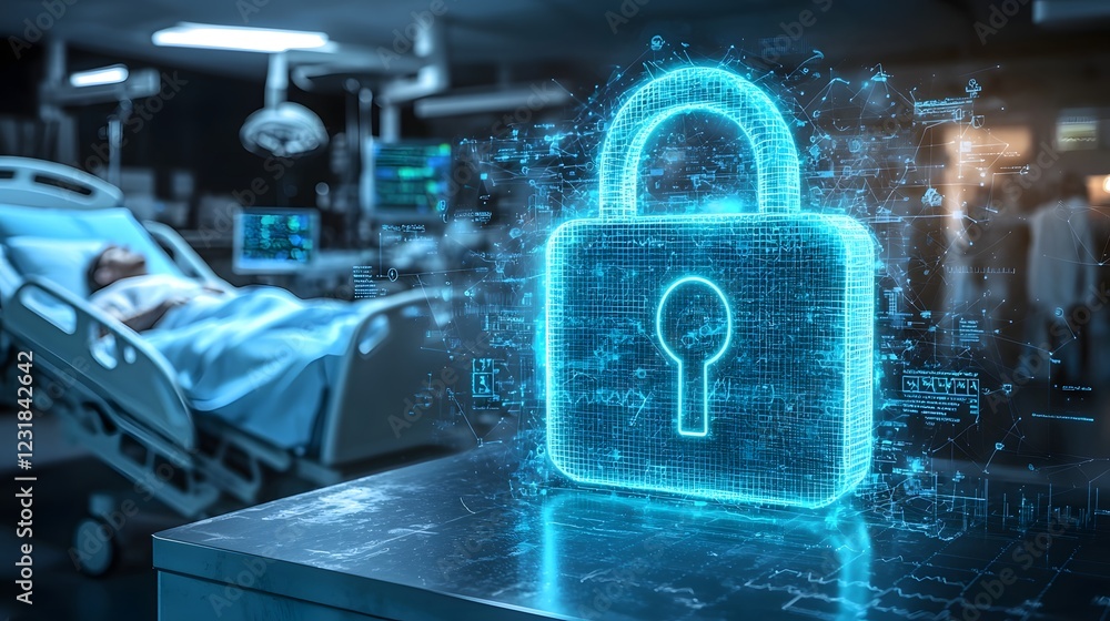 Aufkleber futuristic cybernetic hospital environment with a glowing padlock icon over a hospital bed symbolizi
