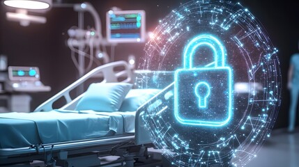 Cybernetic hospital environment featuring a glowing padlock icon hovering over a hospital bed symbolizing data encryption and secure patient privacy in a futuristic healthcare cybersecurity network