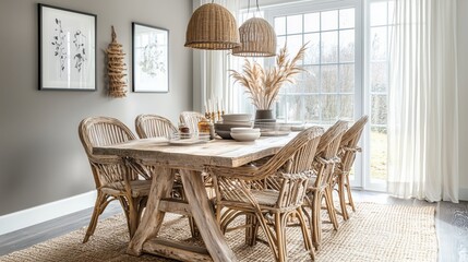 Elegant dining area featuring rich earth tones and natural textures in a modern home setting with large windows