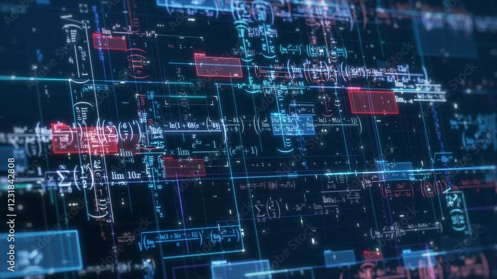 Aufkleber complex futuristic network with math expressions and equations, concept of ai assistant, machine lea