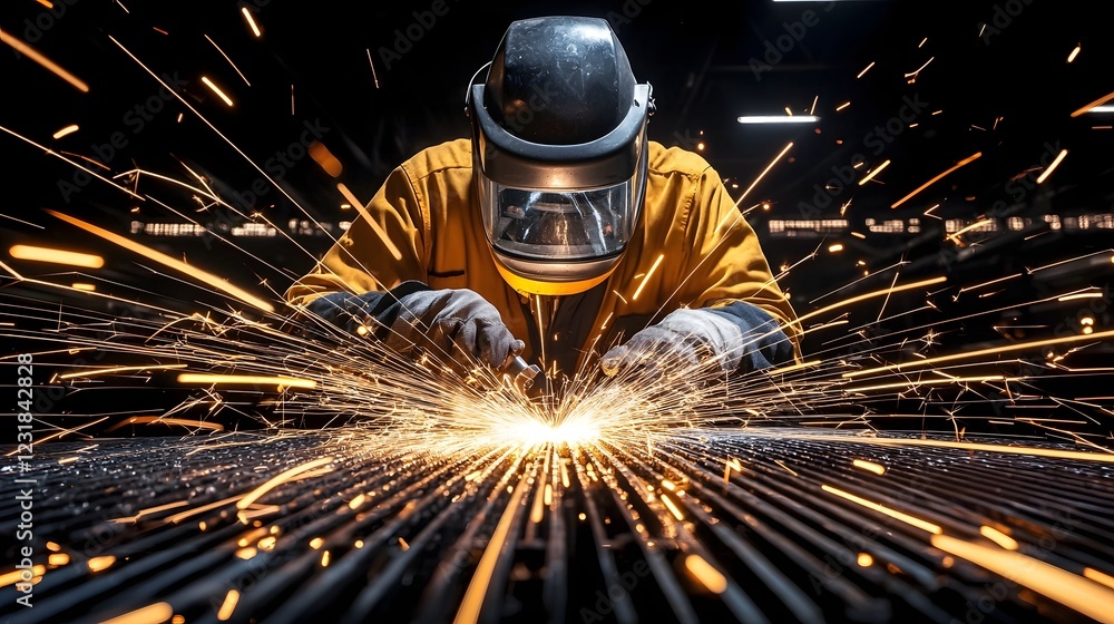 Poster skilled welder in protective uniform deeply focused on intricate metalwork using a welding torch to 