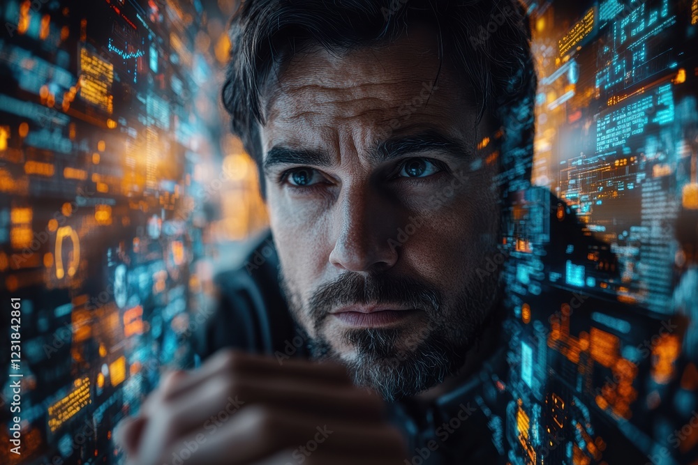 Poster a focused man surrounded by digital data and technology, representing modern innovation and the impa