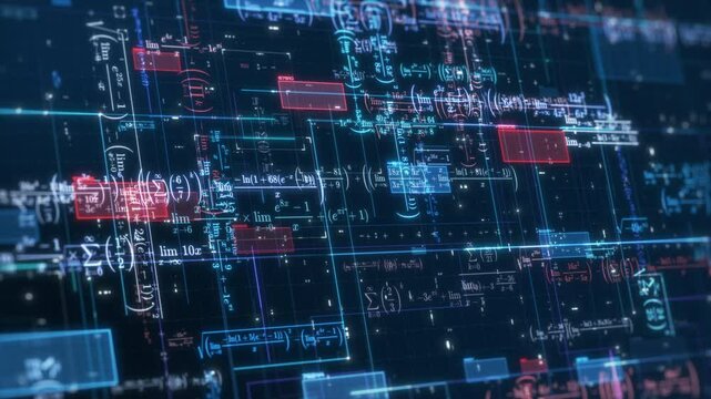 Complex futuristic network with math expressions and equations, concept of ai assistant, machine learning, neural network, science and technology (3d render)