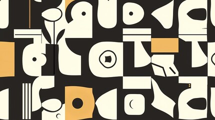 A seamless pattern of abstract shapes, bold geometric forms, monochromatic palette, minimalist style, clean lines, repeating pattern, vector graphic.
