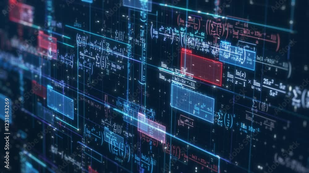 Aufkleber complex futuristic network with math expressions and equations, concept of ai assistant, machine lea