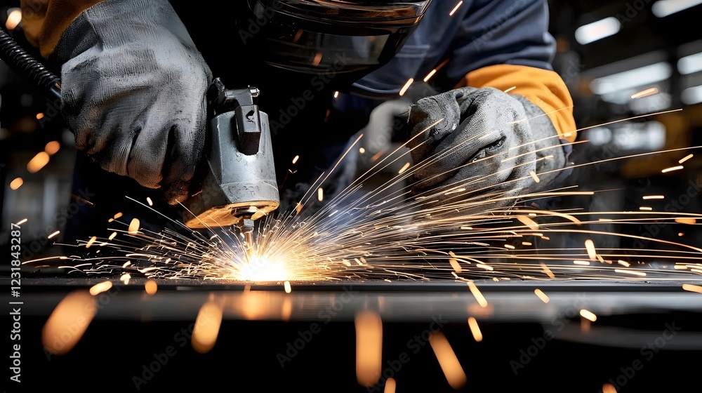Poster high energy welding scene showcasing a master welder skillfully fusing large industrial components w