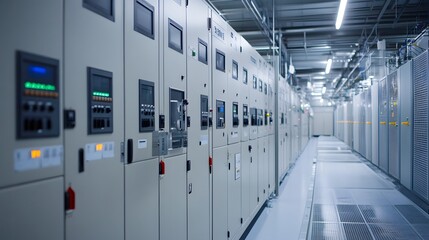 A large room with many electrical panels on the wall. The room is very clean and organized. The panels are all the same color and are arranged in rows. The room has a very industrial feel to it