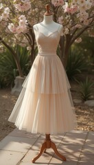 Fototapeta premium Elegant beige dress with intricate beading on mannequin set amidst blooming flowers