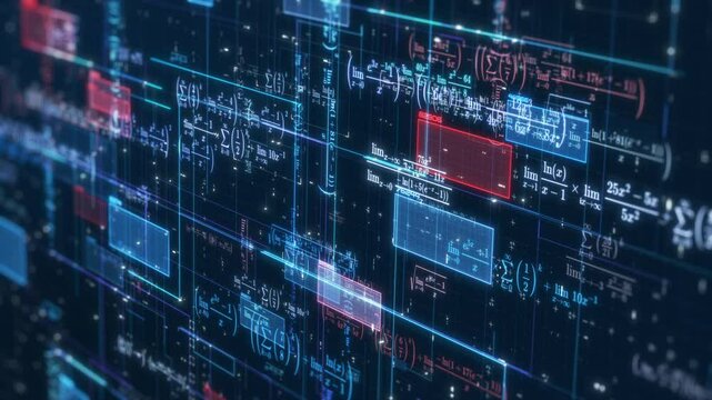 Complex futuristic network with math expressions and equations, concept of ai assistant, machine learning, neural network, science and technology (3d render)