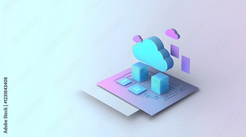 Poster High tech cloud network visualization featuring a sleek two tone cloud icon linked to interconnected digital servers glowing with neon circuits symbolizing advanced cloud computing seamless data flow